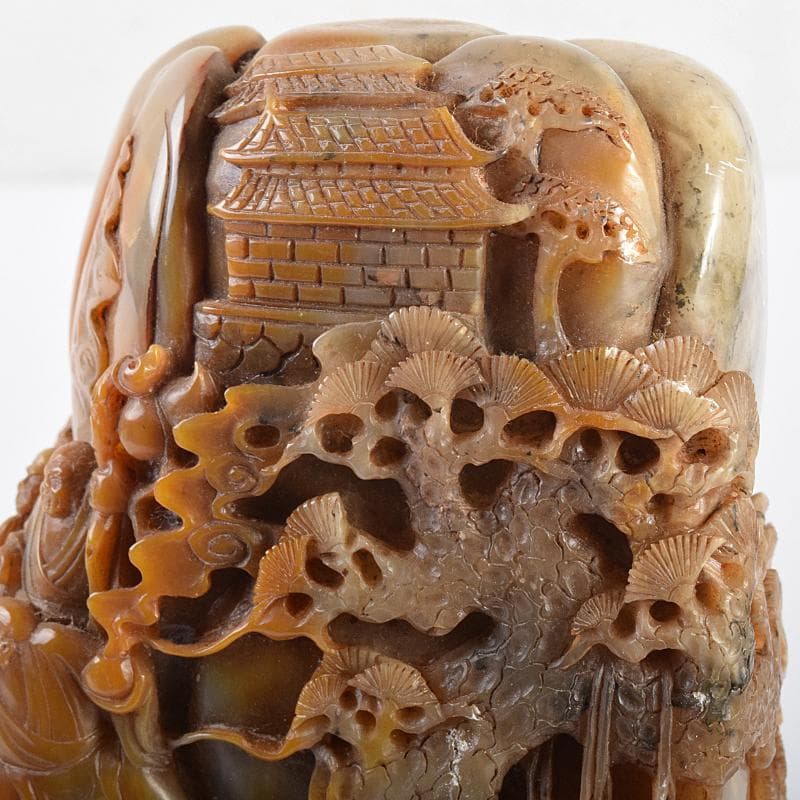 中国　玉石彫刻　山水人物刻　床飾　置物　在銘　唐木台付　K　R7727