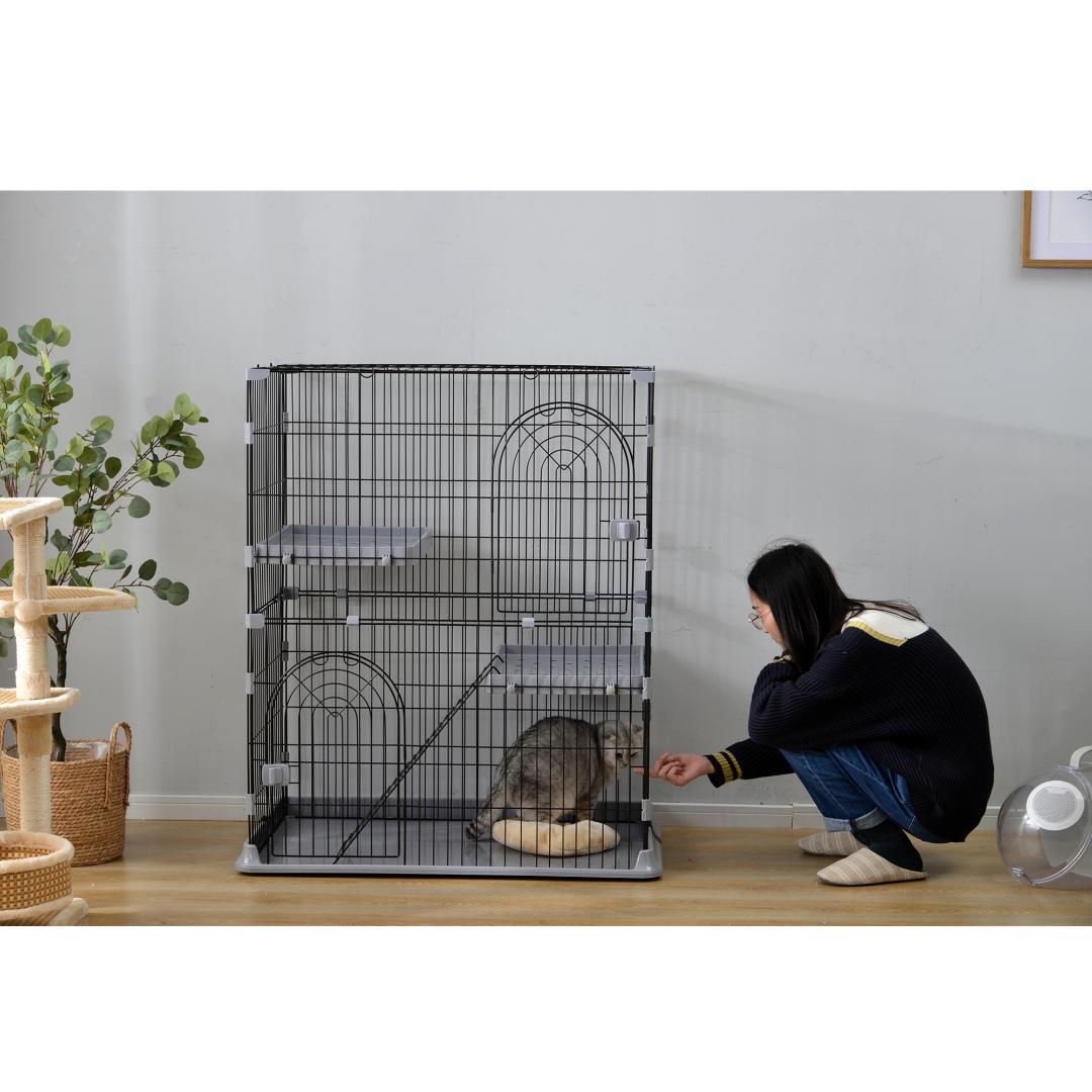 【グレー】猫 ケージ キャットケージ 2段 猫ゲージ 多段 脱走防止ペットケージ