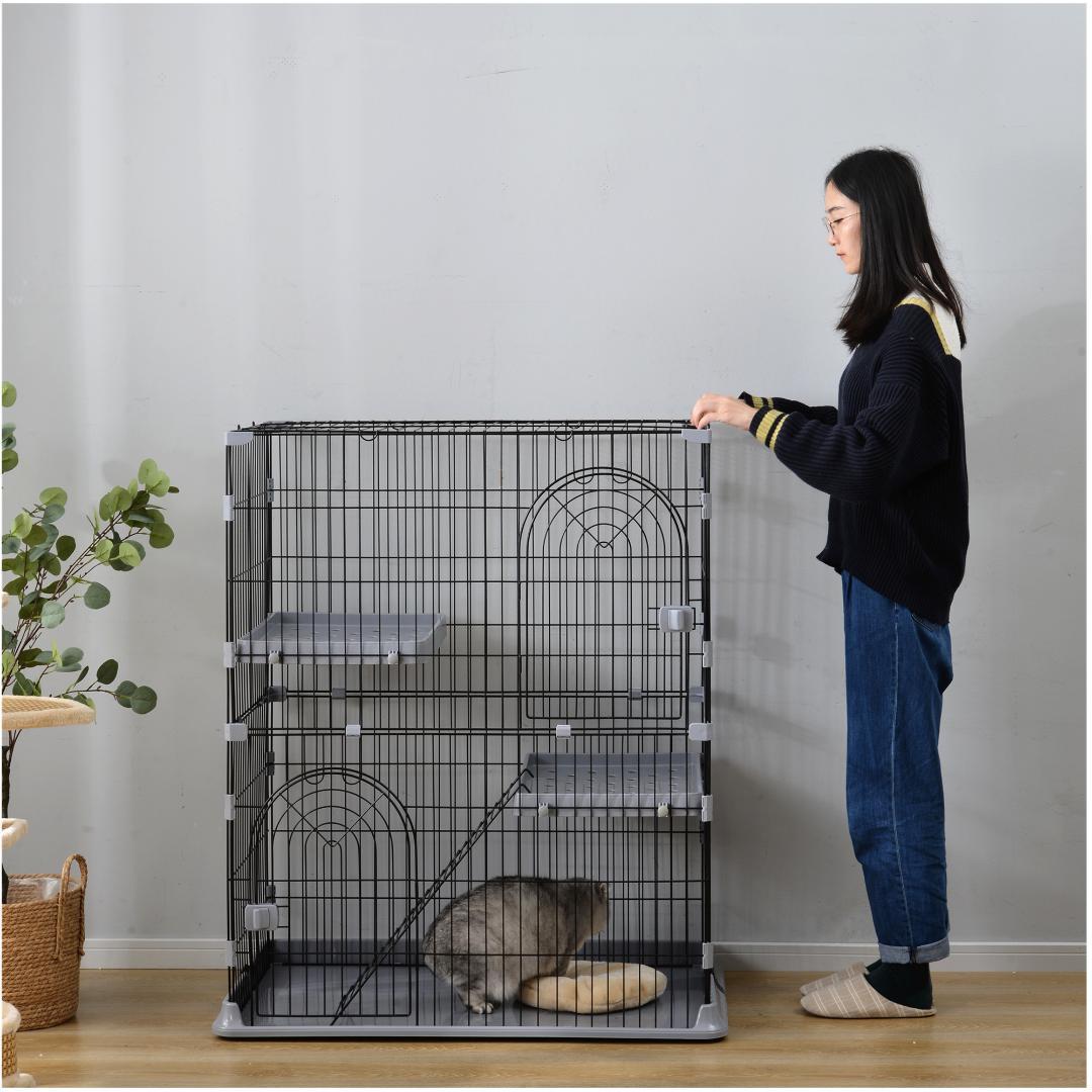 【グレー】猫 ケージ キャットケージ 2段 猫ゲージ 多段 脱走防止ペットケージ
