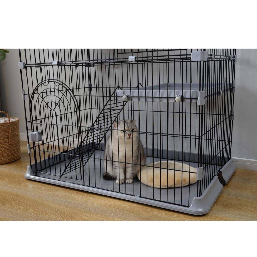 【グレー】猫 ケージ キャットケージ 2段 猫ゲージ 多段 脱走防止ペットケージ