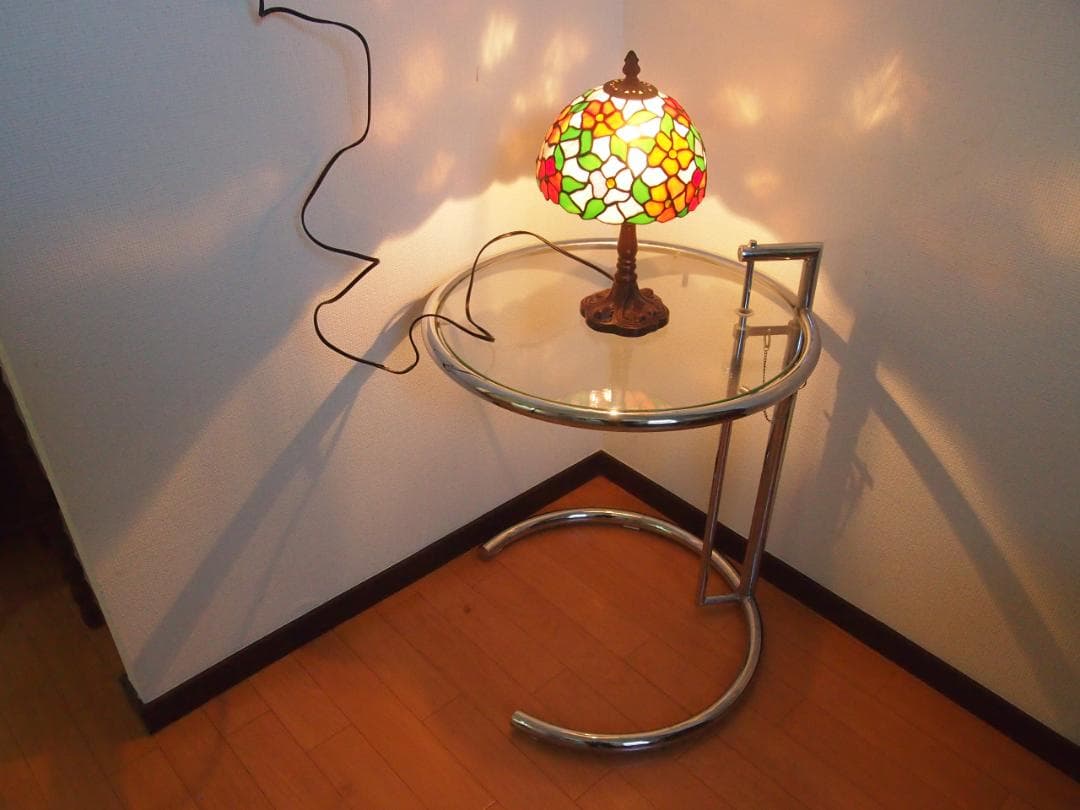 【良品】高さ調節可能 強化ガラス サイドテーブル/丸テーブル/飾り台 モダン家具