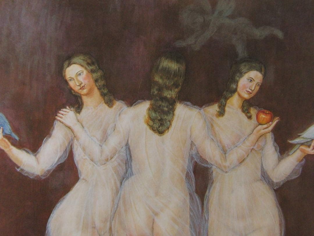 古田千鶴子、【三美神（平和を）】、希少な額装用画集より、新品額装付、状態良好