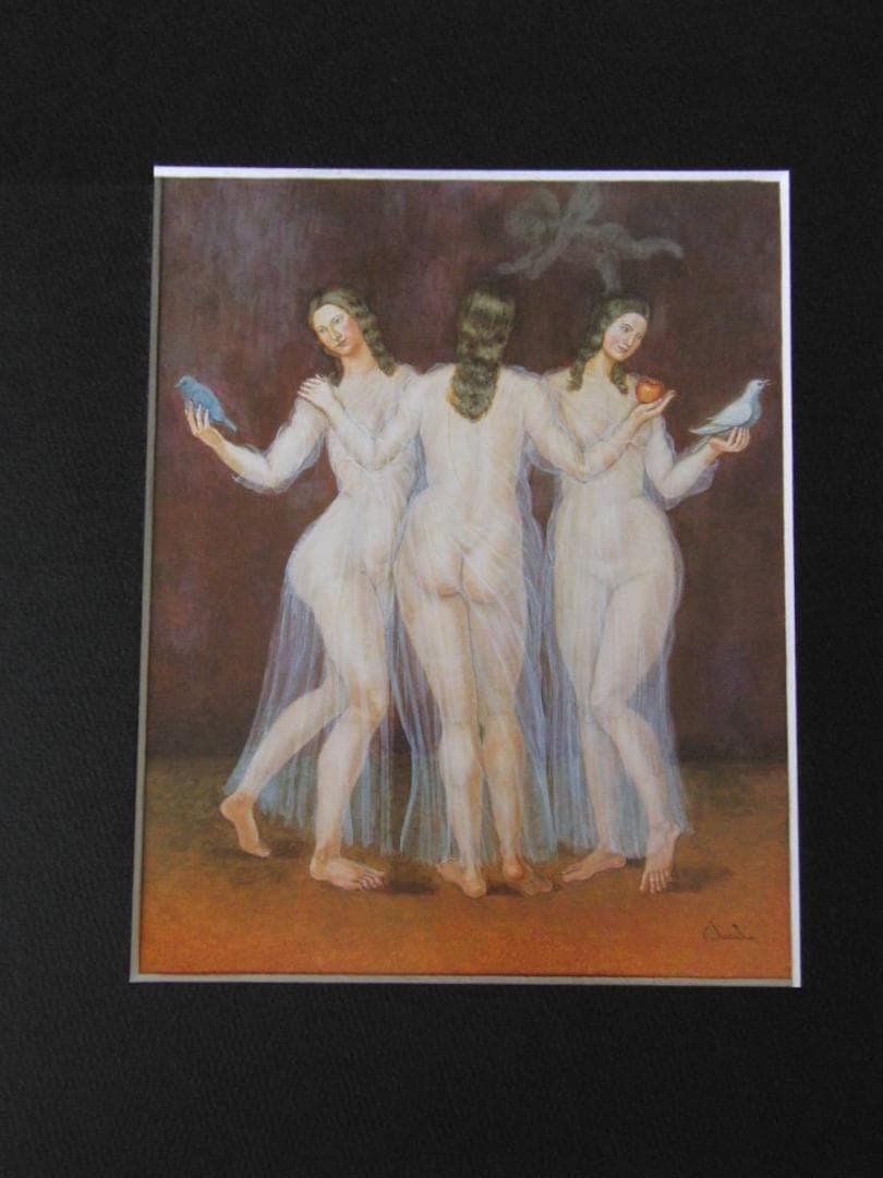 古田千鶴子、【三美神（平和を）】、希少な額装用画集より、新品額装付、状態良好