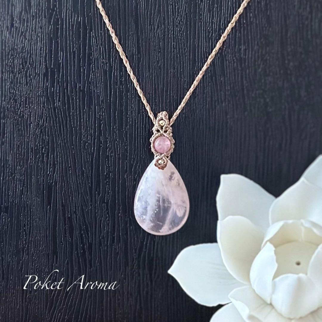 『桃清』セリサイトインローズクォーツとディープローズクォーツのマクラメネックレス