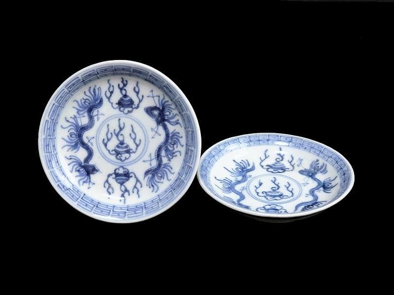 古伊万里　染付　龍に宝珠の図　豆皿　２枚　D364AS-fbrb
