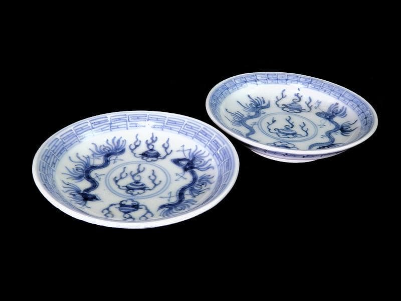 古伊万里　染付　龍に宝珠の図　豆皿　２枚　D364AS-fbrb