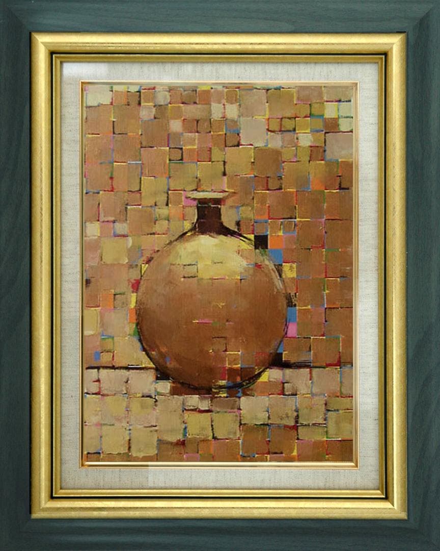 油絵 菅家令子絵 絵画インテリア額付(青緑＋金色の枠)uF6-060603花瓶壺