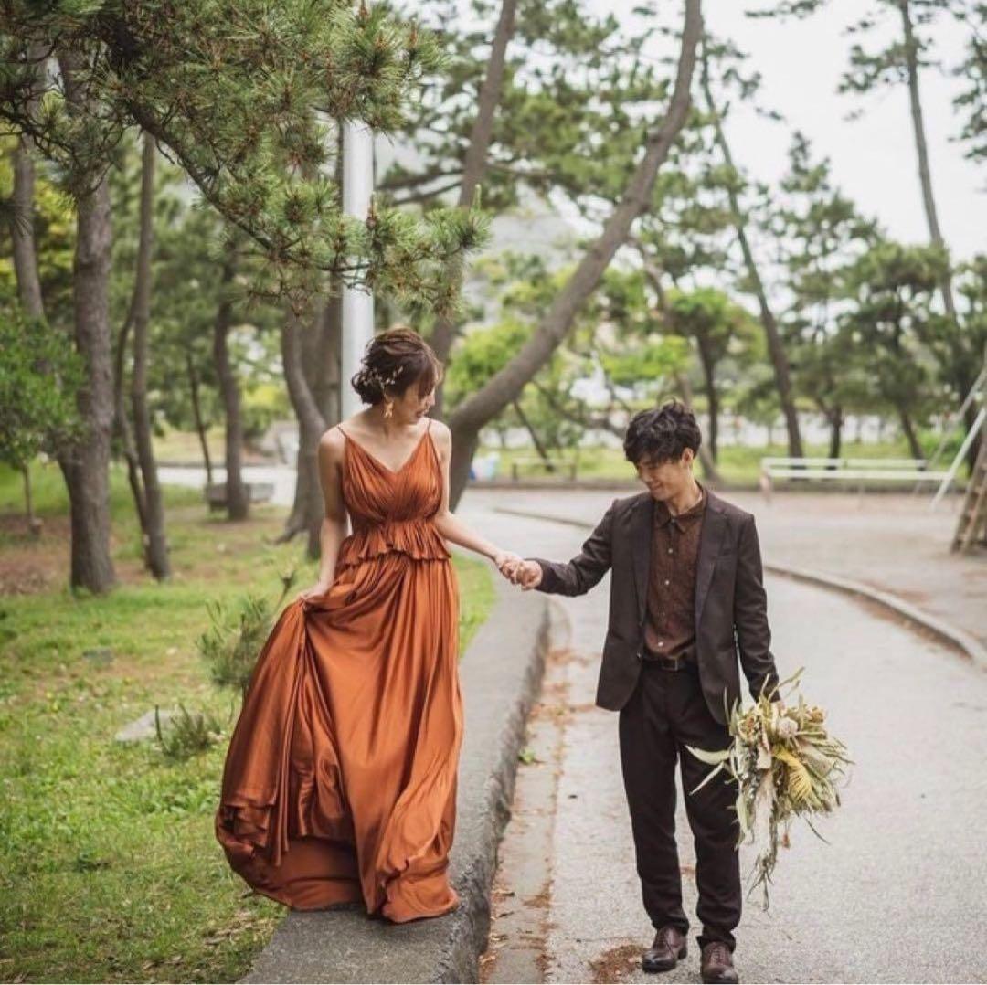 【美晴ドレス】テラコッタＶネック　カラーロングドレス　Ｍサイズ