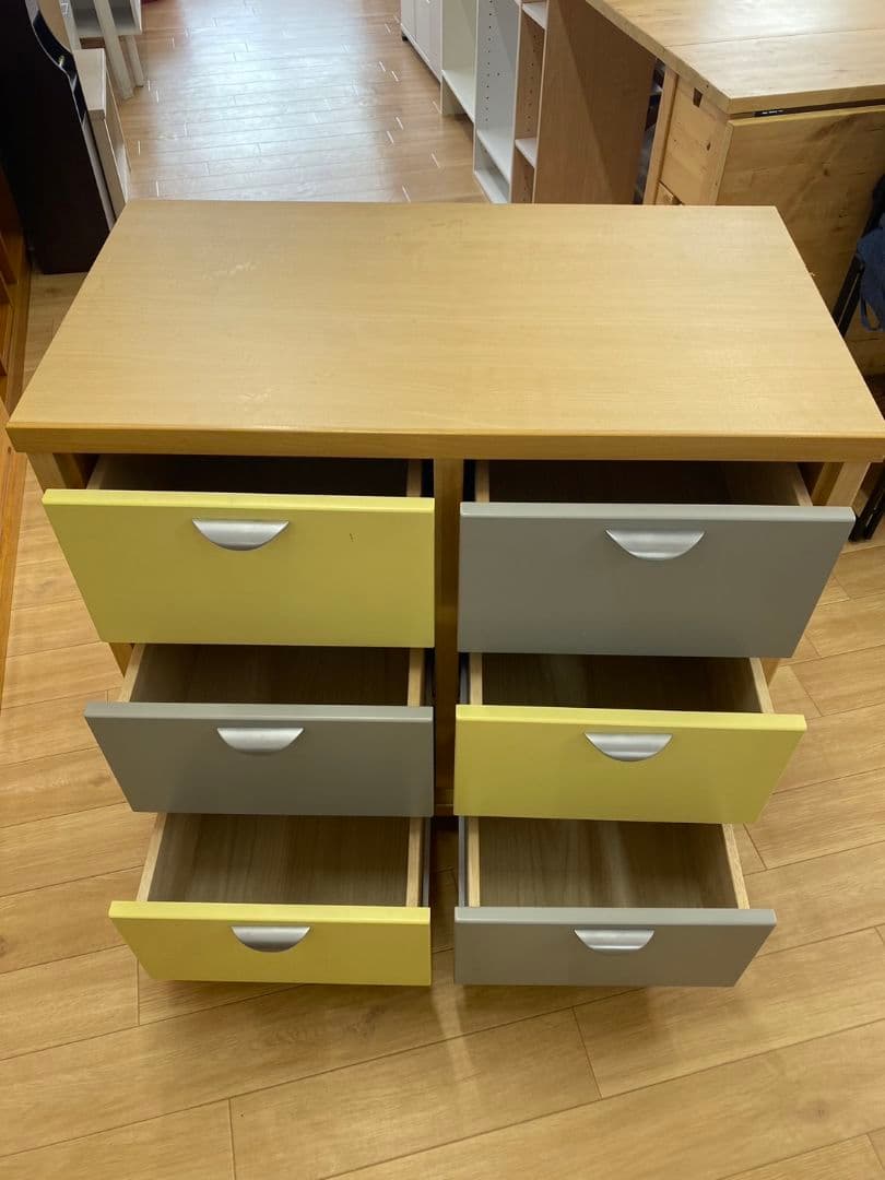 木製チェスト 6引き出し イエロー グレーキャスター付き
