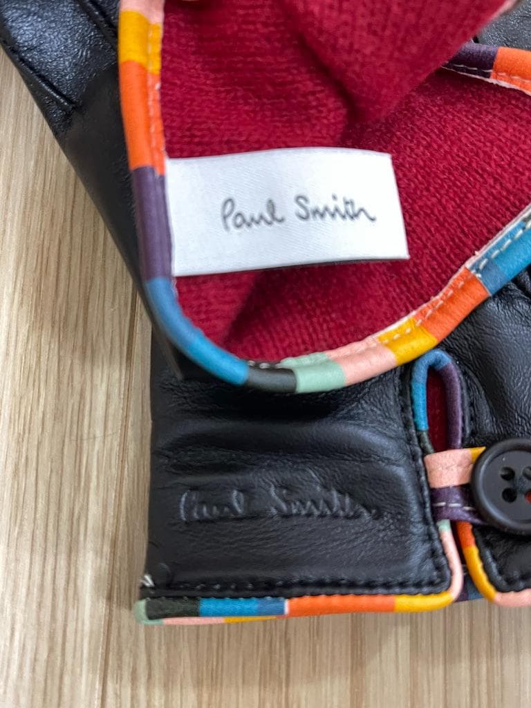 【未使用】ポールスミス 手袋 羊革 カシミヤ マルチストライプ 黒 24cm