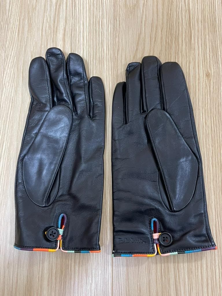 【未使用】ポールスミス 手袋 羊革 カシミヤ マルチストライプ 黒 24cm