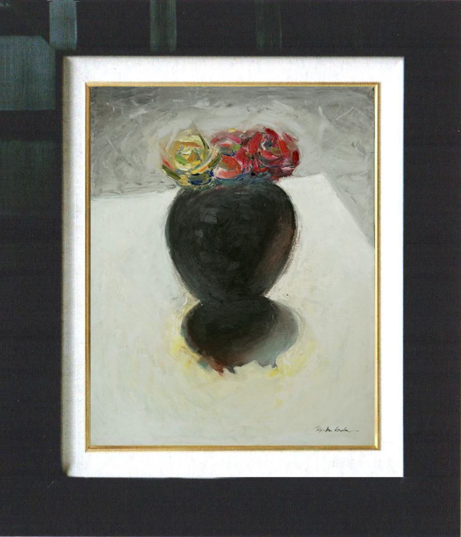 油絵 菅家令子 絵 絵画インテリア額付(青緑＋金色の枠)uF6-071002ばら