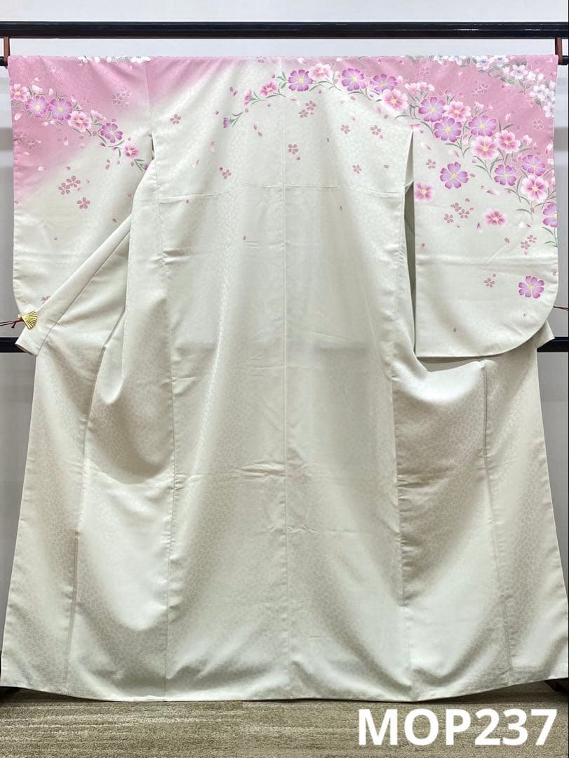 2尺袖 ポリエステル着物 コスモス 桔梗 紋意匠 袴向き