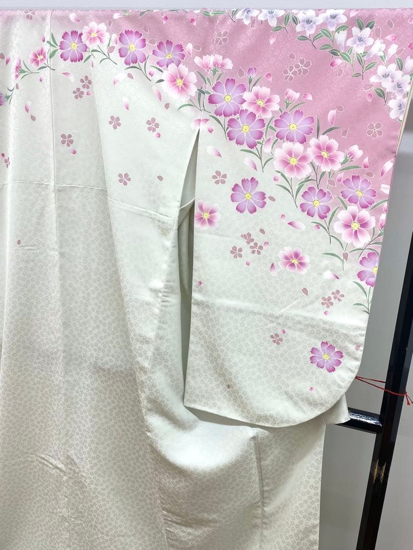 2尺袖 ポリエステル着物 コスモス 桔梗 紋意匠 袴向き