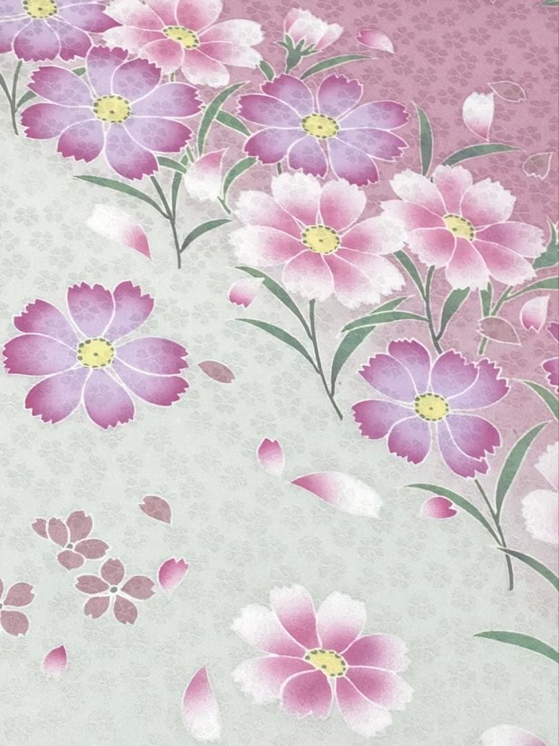 2尺袖 ポリエステル着物 コスモス 桔梗 紋意匠 袴向き