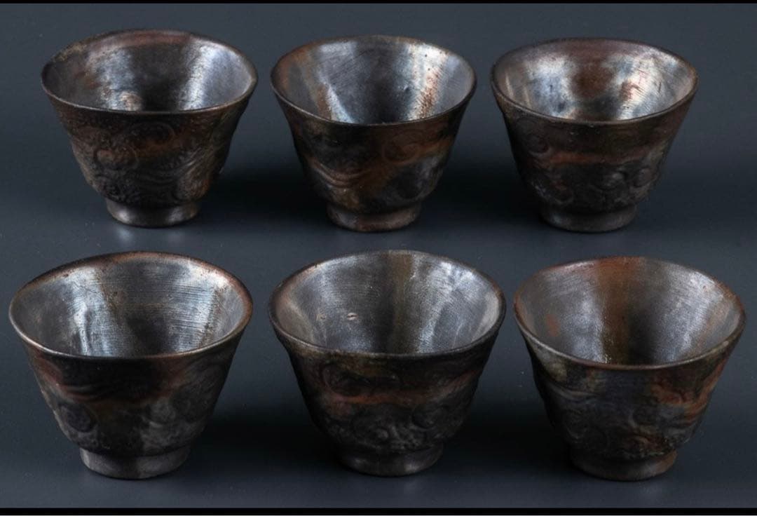 備前焼　小西陶古　茶具　陶器　湯呑み６個　湯冷まし　急須　セット　龍