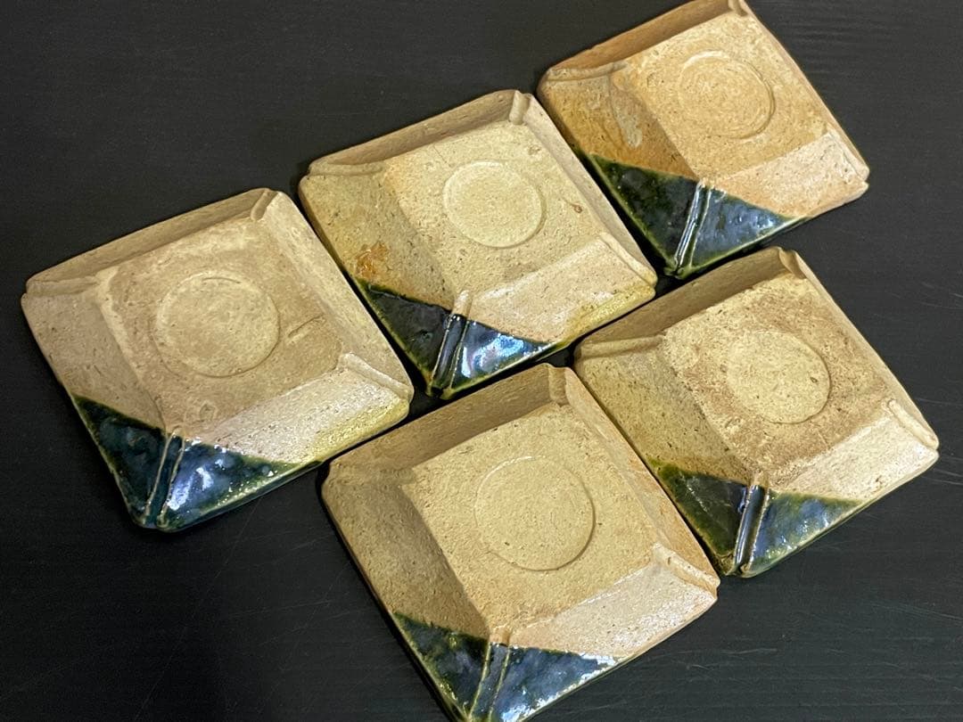 「母」 織部 布目 沢瀉図 隅切 小皿 5客 （A）