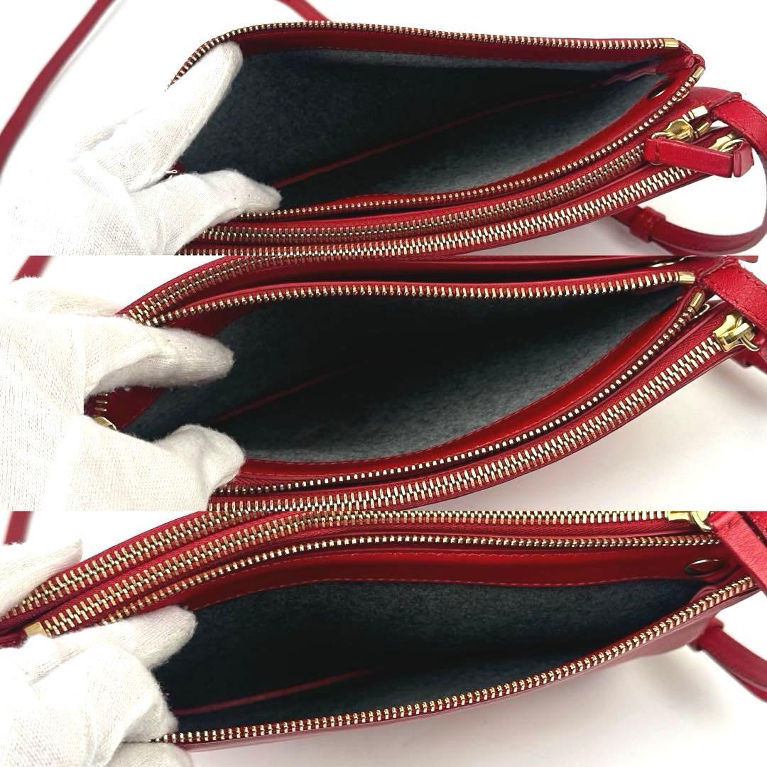 【美品】セリーヌ　ショルダーバッグ　トリオ　ゴールド金具　レザー　レッド