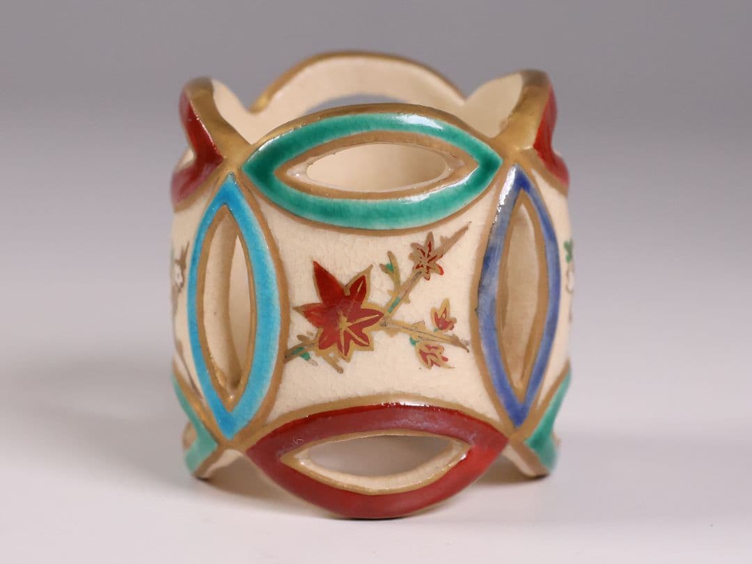 茶道具 清閑寺窯 杉田祥平 色絵四季七宝 蓋置 共箱 陶芸【CM334】