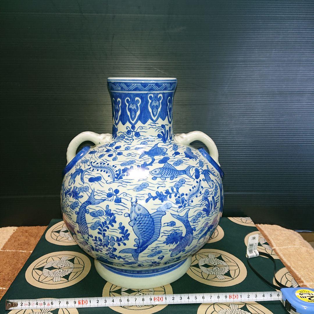 時代物、染付、魚藻紋壺、花瓶