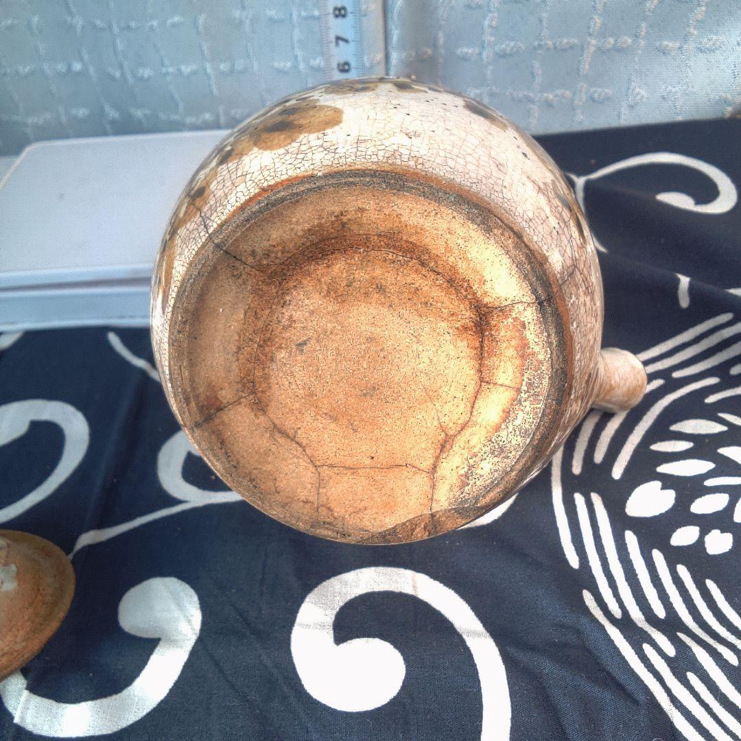 骨董２手作り陶器急須 籐ハンドル付き 水漏れあります