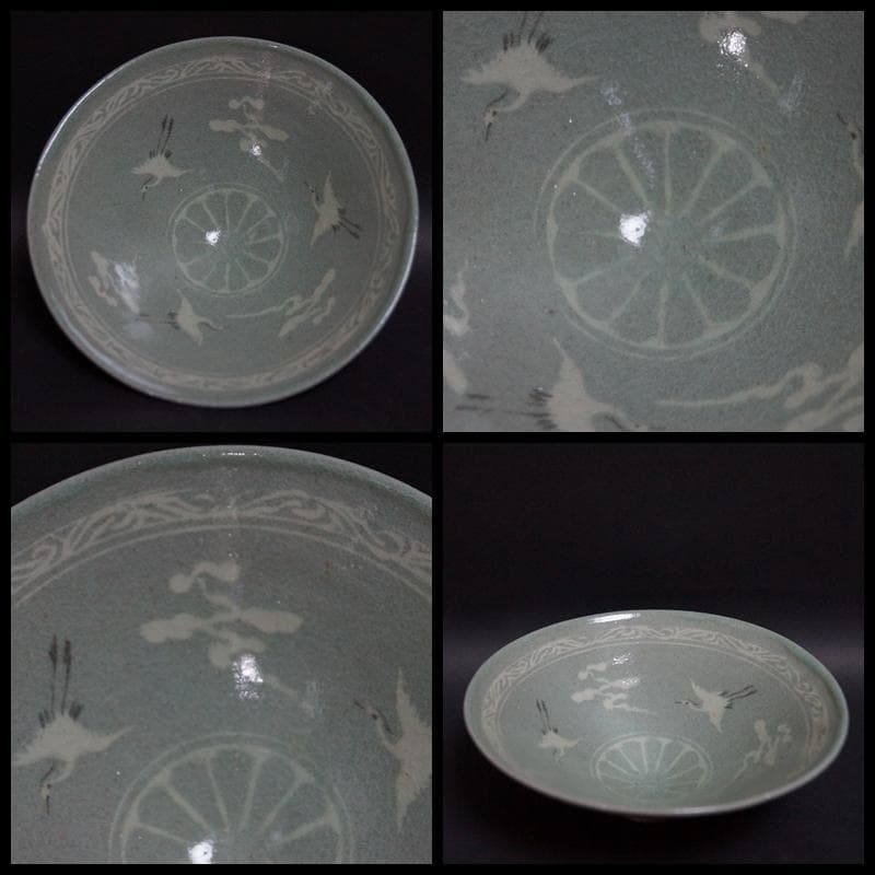 韓国人間国宝 柳海剛(柳根瀅) 青磁象嵌雲鶴文 茶碗 共箱★茶事/茶道具★