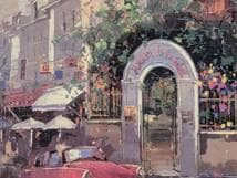 【真作】複製画　欧州風景画　赤いクラシックカーと街角の門　パリ風情　X54