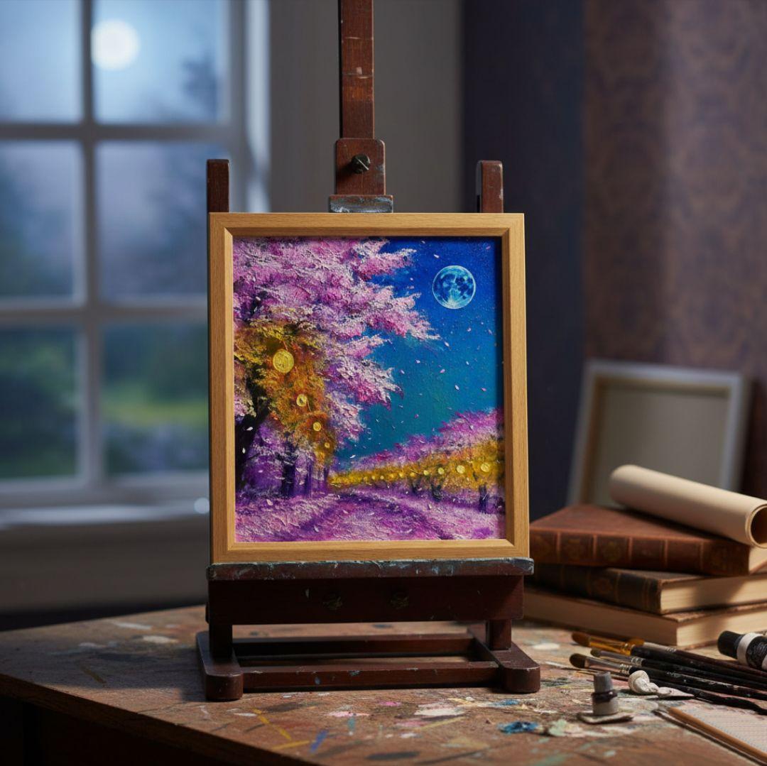 油絵 油彩 油彩画 絵 絵画【夜桜と青い満月】