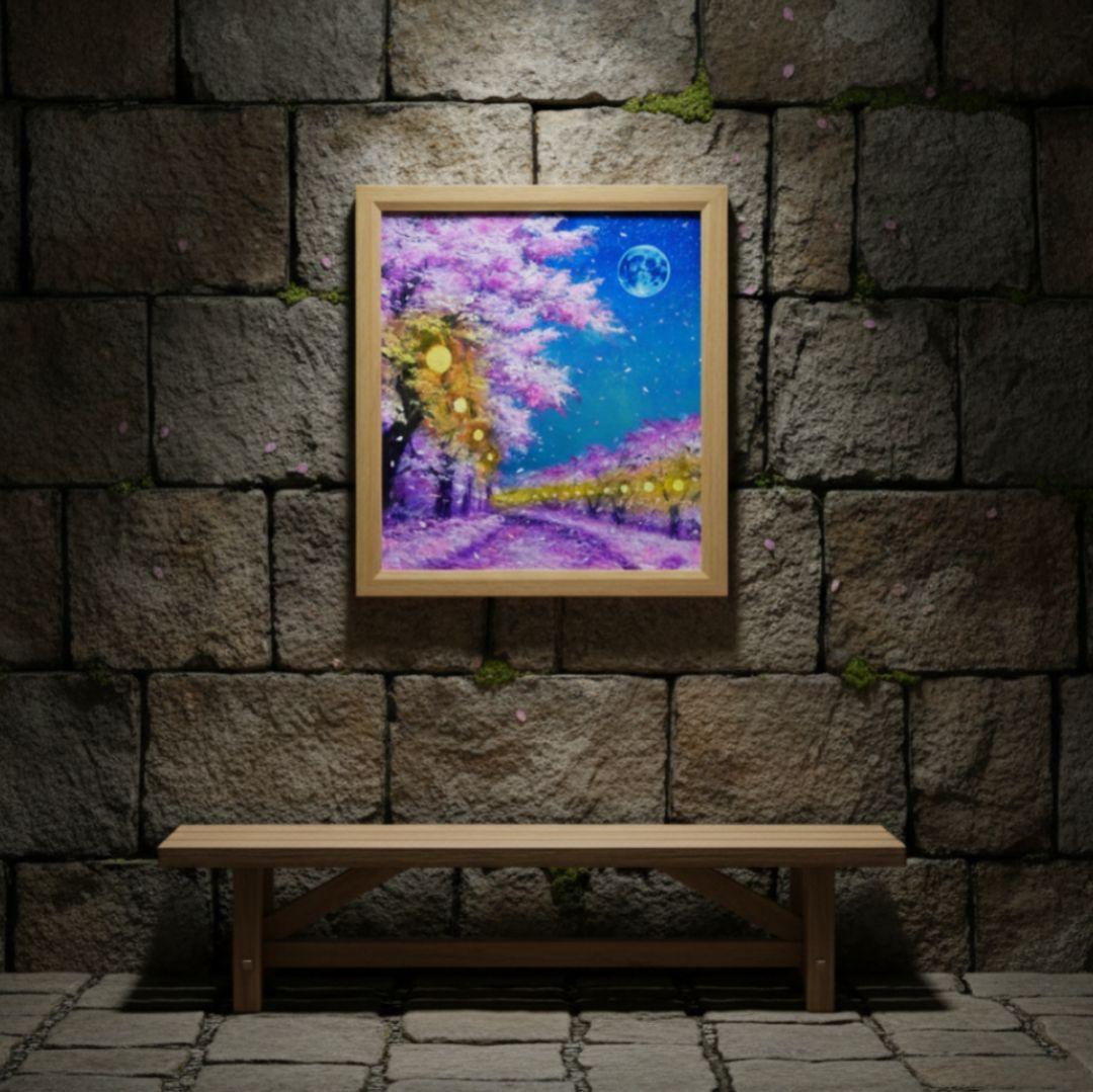 油絵 油彩 油彩画 絵 絵画【夜桜と青い満月】