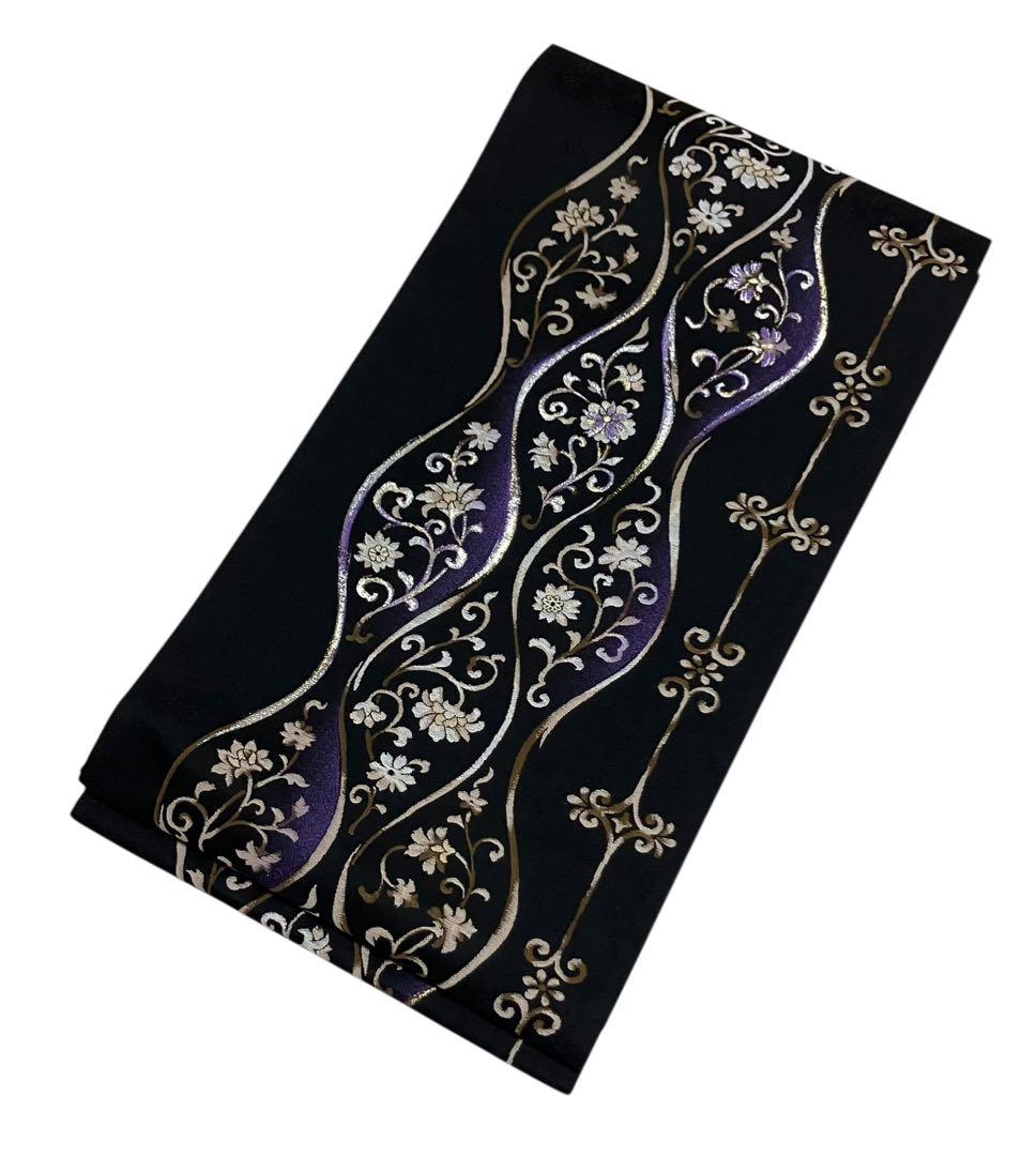 袋帯 六通柄 正絹 立涌風の花唐草文 葡萄の地紋 未使用 イ6513