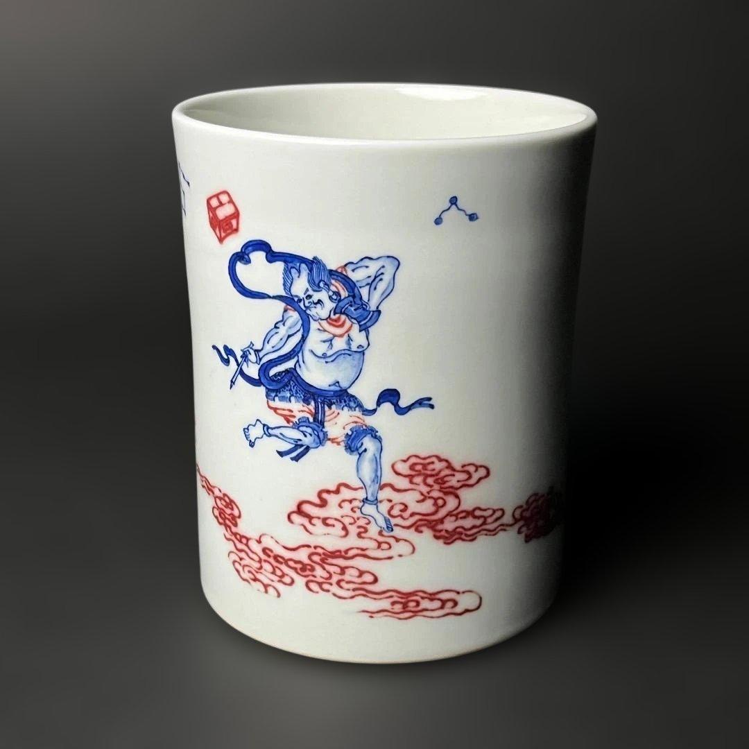 唐物 釉裏紅韋駄天紋筆筒 大清康煕年製 款 中国美術 古玩 文房四宝 SH45