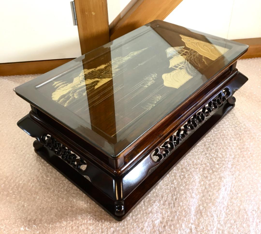 【勝峰作】花台 飾り台 螺鈿細工 金彩蒔絵 机 ガラス付属 ①