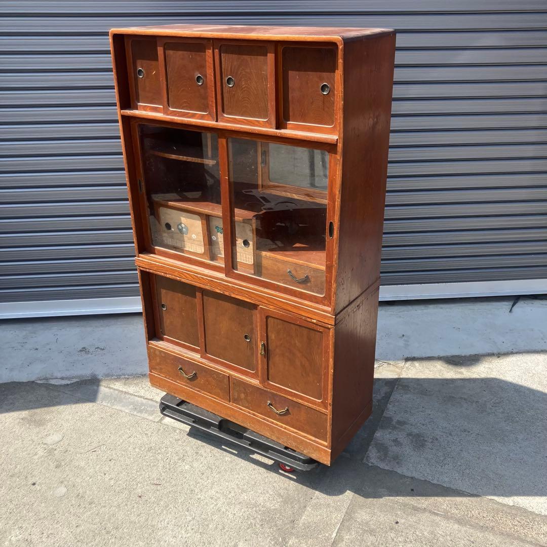 昭和レトロ 無垢材 木製 茶箪笥 茶棚 ガラス戸 サイドボード 古家具 古民家