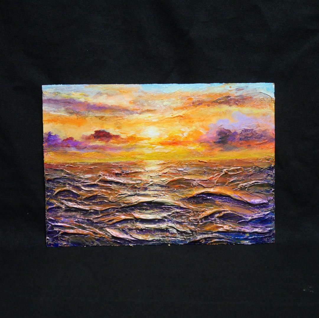 油絵 油彩 油彩画 絵 絵画【夕焼けの海】A4