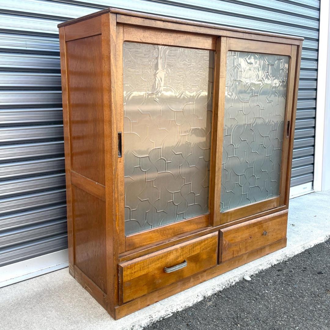 アンティーク ガラス すりガラス 食器棚 飾り棚 昭和レトロ 本棚 キャビネット