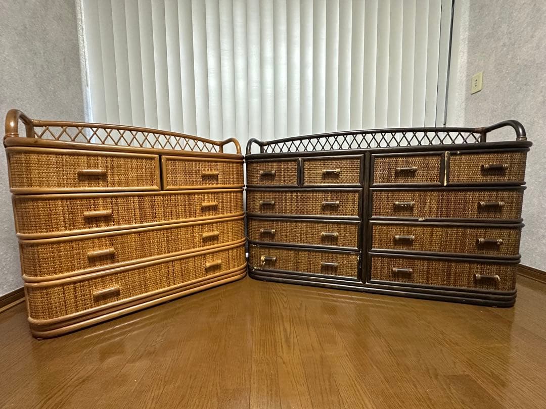 【送料込】籐 ラタンチェスト 4段 5引出し&4段10引出しの2個セット