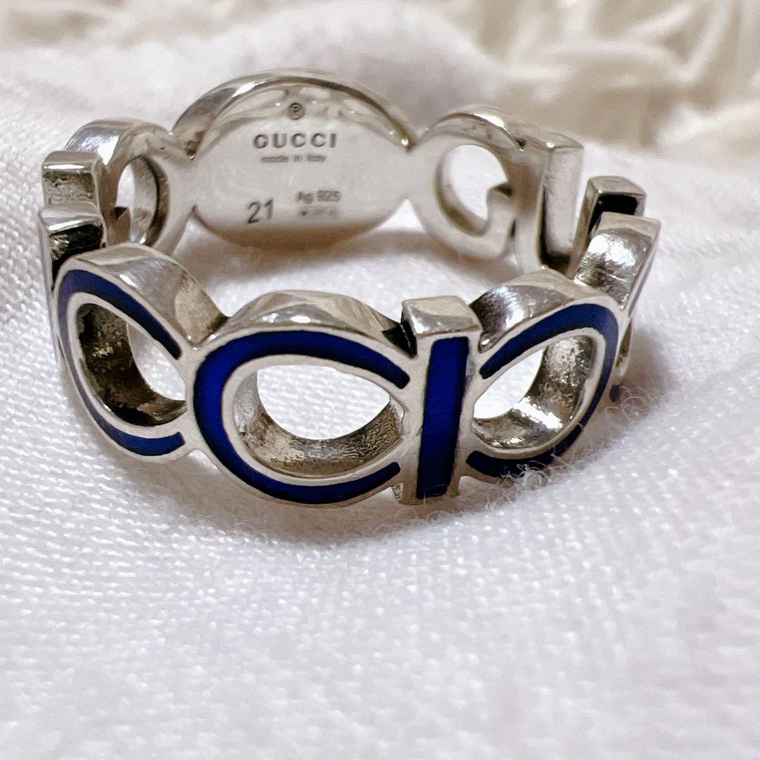 《極美品》グッチ インターロッキングG エナメルリング 青 シルバー ロゴ
