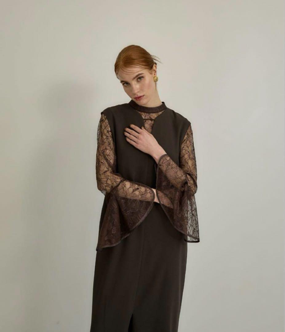 スーツ・フォーマル・ドレス ANDRESD bell sleeve slit dress L brown
