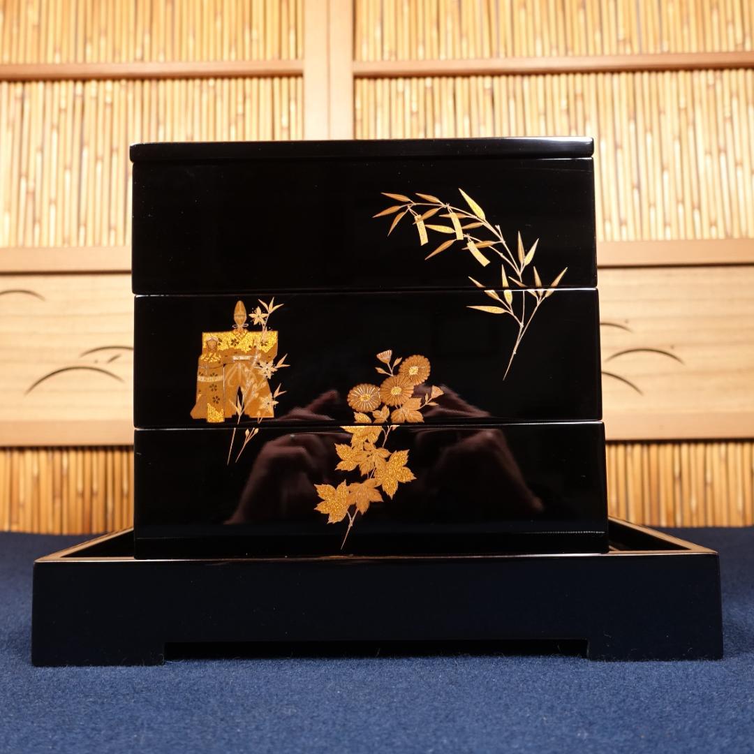 極細密画の本金蒔絵 輪島塗師 耕雲 川口浩文 五節句蒔絵 三段重箱 共箱付