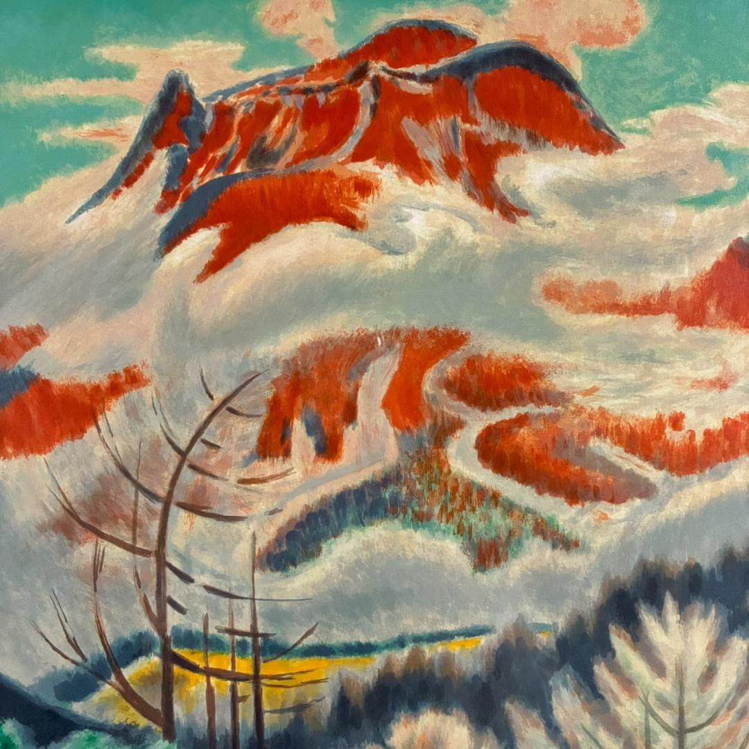 小山敬三「紅浅間」リトグラフ 直筆サイン・印章有 文化勲章受章作家 洋画家