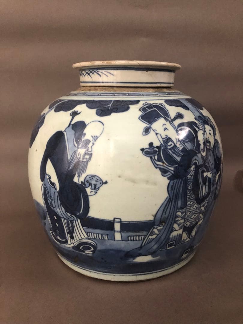 中国骨董　古美術　清朝道光　青花人物紋瓶　壺