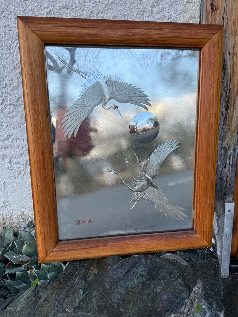 鶴の彫刻 ミラーアート