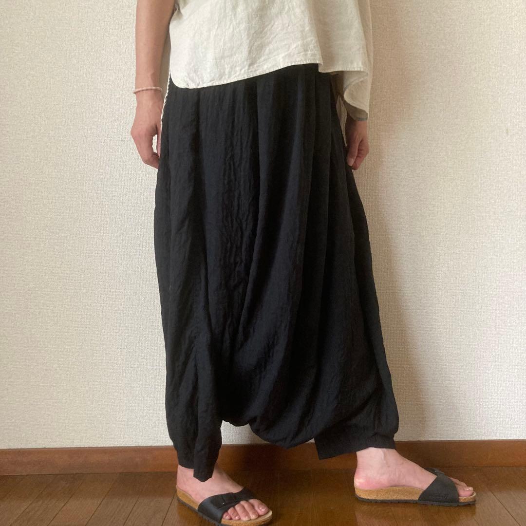 ゆったりシルエット ダブルガーゼ スカ—ト風 サルエルパンツ ブラック