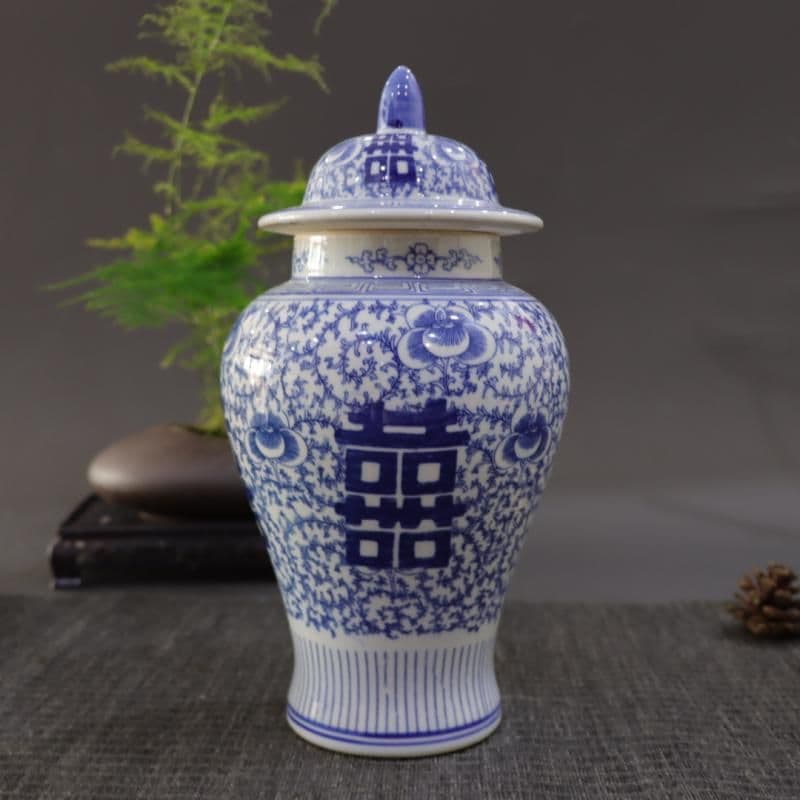 青花磁器喜字将軍缶 景徳鎮 陶磁器装飾品 工芸品 美術品 置物