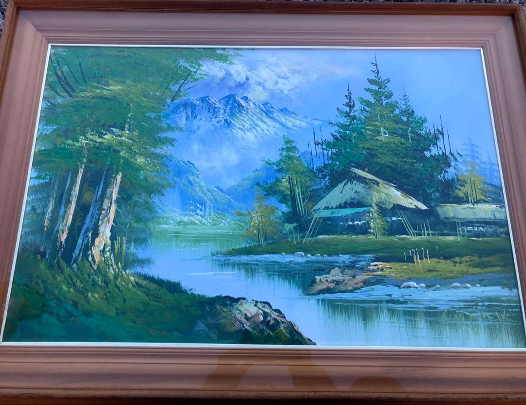 油彩画 山と川の風景 大きめ