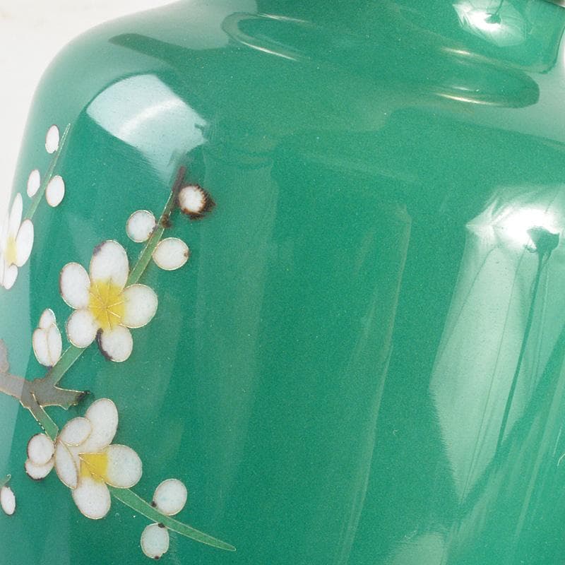 七宝焼　翡翠色　花文　花瓶　唐木台・箱付　V　6415C