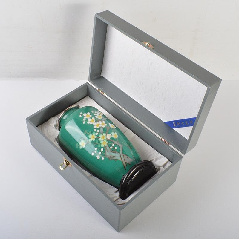 七宝焼　翡翠色　花文　花瓶　唐木台・箱付　V　6415C