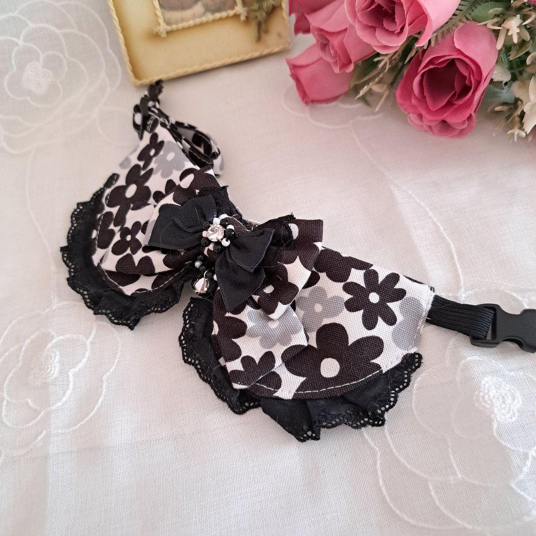 ポップフラワー(ブラック×グレー)わんちゃん猫ちゃん用襟付き首輪