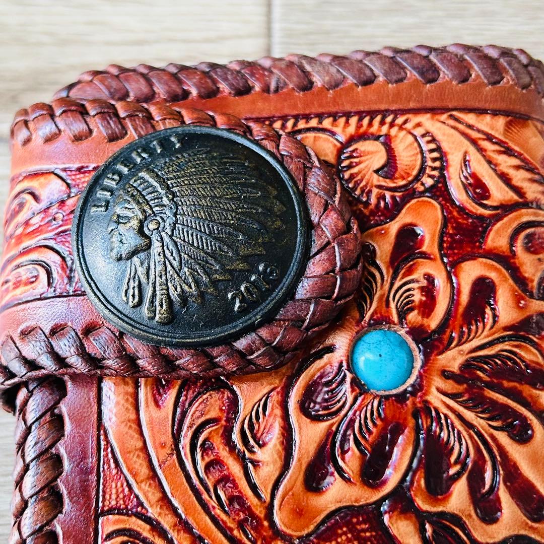 【新品】本革 牛革カービング バイカーズウォレット ハンドメイド メンズ 長財布