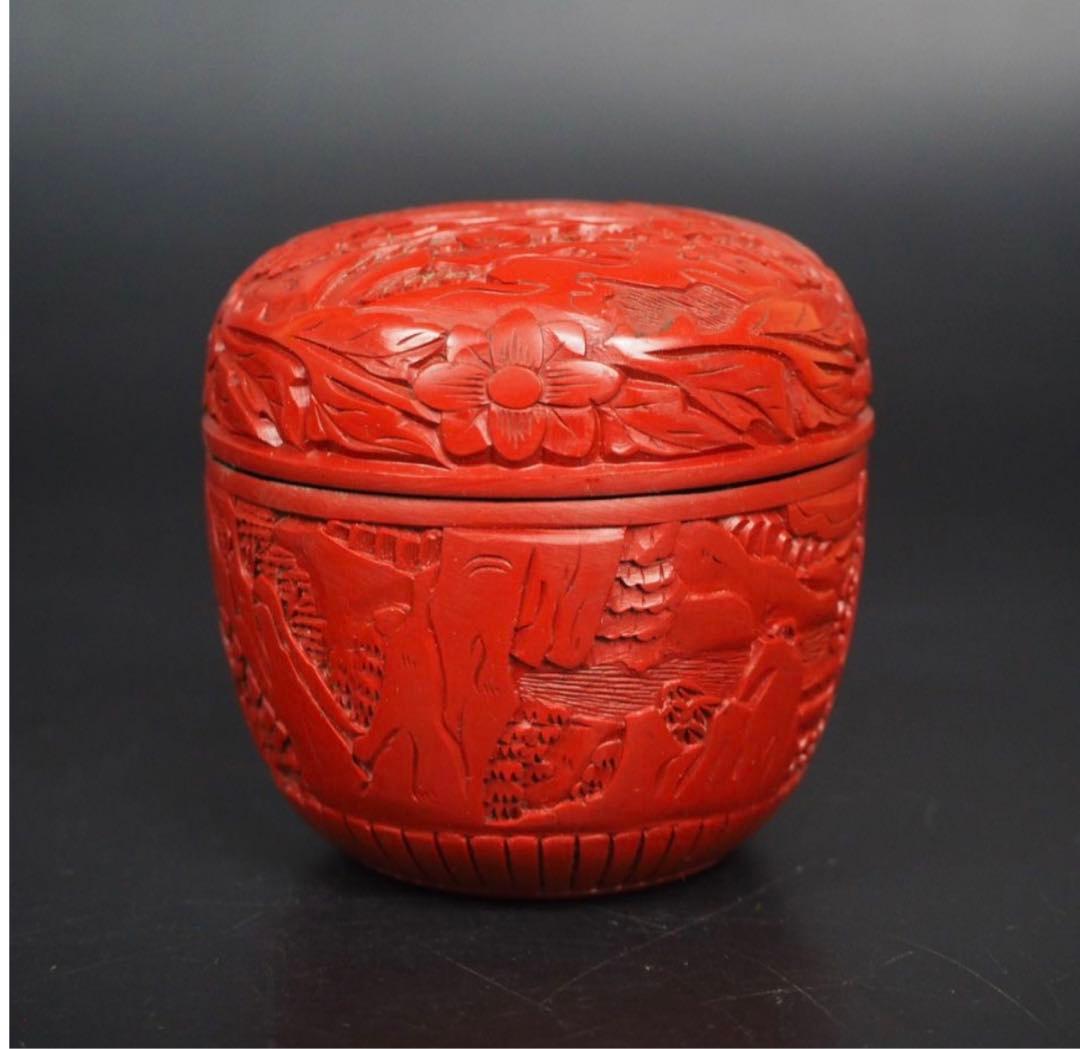 送料無料　時代物　山水楼閣紋堆朱棗　茶道具